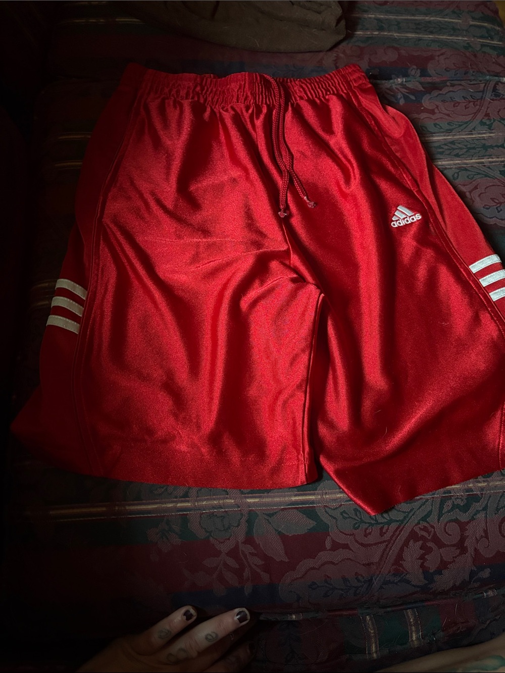adidas youth Red Performance Athletic Shorts with White Stripe